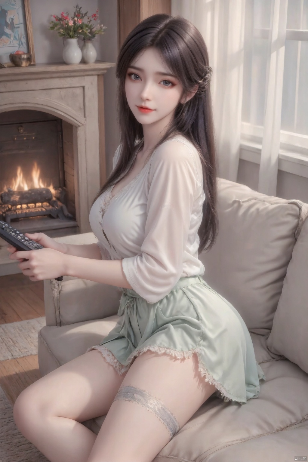 Masterpiece, the best quality, high quality, (colorful) , breasts,,(black hair:1.4),(long legs:1.3),Masterpiece, the best quality, high quality, (colorful) ,,,(white hair:1.4),(long legs:1.3),In a cozy home living room, an Asian girl with shoulder-length, straight black hair is sitting on a plush sofa, her legs tucked under her in a tucked-sitting pose. She's wearing a pastel green miniskirt and a white, lace-edged blouse. A thin, silver thigh strap is wrapped around her left thigh, highlighting the skin-dent. She's holding a remote control, looking at the camera with a playful smile. The background is a warm, inviting space with a fireplace and书架,and the photo is taken from a three-quarter angle, capturing her from the side, with the focus on her relaxed pose and the homey atmosphere.