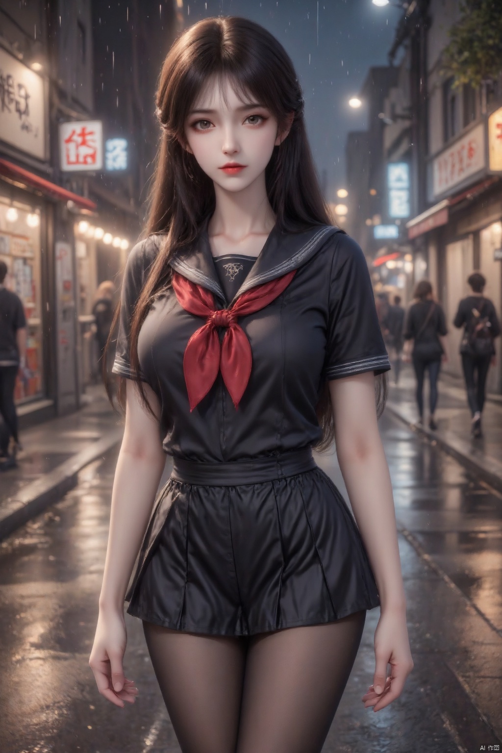 Masterpiece, the best quality, high quality, (colorful) , breasts,,(brown hair:1.4),(long legs:1.3),1girl, solo, looking_at_viewer, black_pantyhose, black_hair, swept_bangs, very_long_hair, brown_eyes, looking_at_viewer, black_skirt, miniskirt, pleated_skirt, black_sailor_collar, black_blouse, red_neckerchief, standing, outdoors, city, night, rain, street,