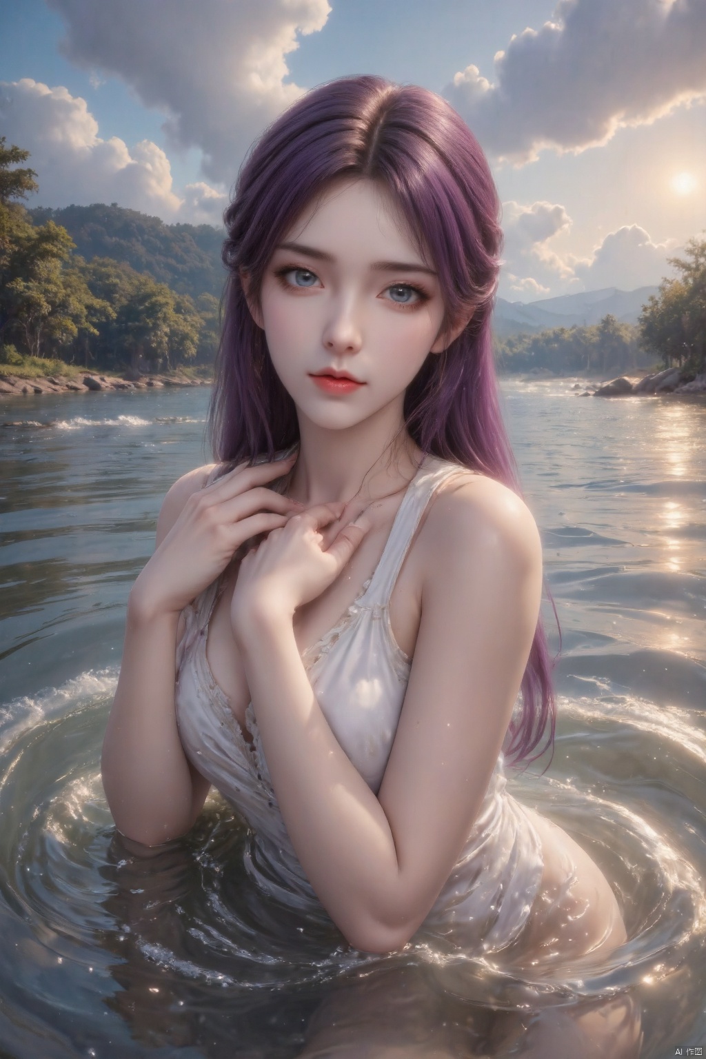 Masterpiece, the best quality, high quality, (colorful) , big breasts,,(purple hair:1.4),(long legs:1.3), A young Amazonian woman with her face emerging from a body of water, possibly a river. Her mouth is open and is partially submerged breathing water, with water droplets clinging to her skin. She has a serene expression, with her eyes looking directly at the viewer. Her wet hair is slicked back, and she gently places her hands on her neck. The backdrop features agitated water body with a forested shoreline. The sky above is partly cloudy, suggesting a late afternoon or early evening setting. Wild-Life set #wckivcnjgq:0.8

