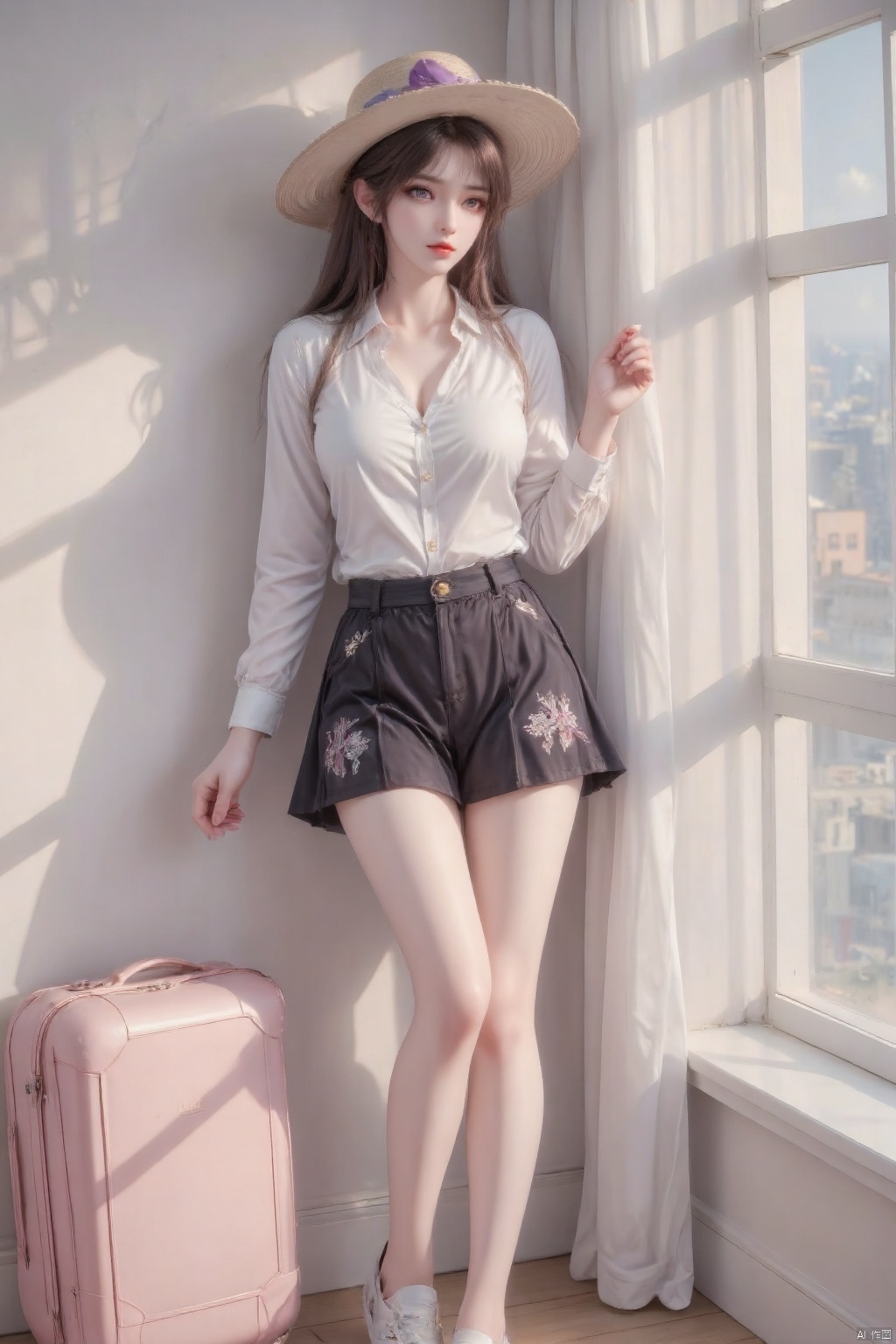 Masterpiece, the best quality, high quality, (colorful) , breasts,,(brown hair:1.4),(long legs:1.3),Masterpiece, best quality, high quality, (colorful), medium chest, (brown hair: 1.4), (long legs: 1.3), 1 girl, bangs, masterpiece, best quality, high quality, (colorful), 1 girl, solo, long hair, chest, bangs, purple eyes, white shirt, black horse face skirt, white embroidery on the skirt, casual shoes, wearing a French straw hat decorated with a bow. Wearing white casual pants.
During the day, indoors, standing by the window, the sunlight shines on her. Looking at the audience, there is a pink suitcase on the left.