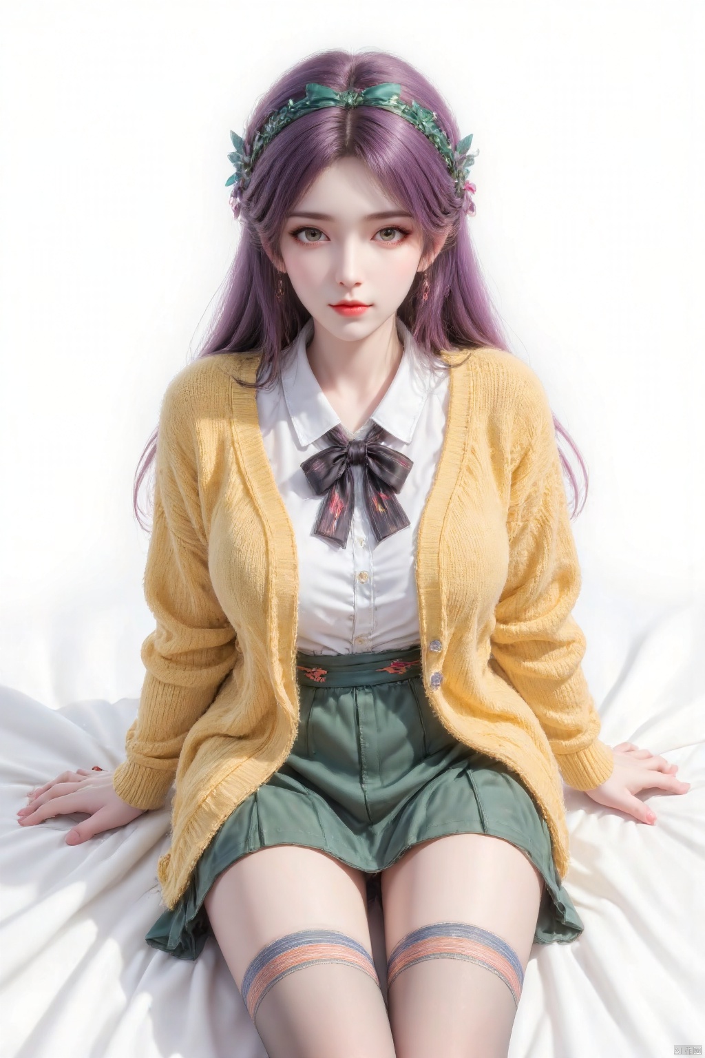 Masterpiece, the best quality, high quality, (colorful) , big breasts,,(purple hair:1.4),(long legs:1.3), 1girl,brown hair,long hair,yellow eyes,large breasts,bow hairband,green bow,hairclip,x hair ornament,yellow sweater,wool sweater,heavy sweater,fluffy sweater,closed sweater,white undershirt,green skirt,white collar,black ribbon tie,long skirt,full-length skirt,covered legs,multicolored ribbon,striped stockings,simple background,white background,focus on face,selfie,from above,