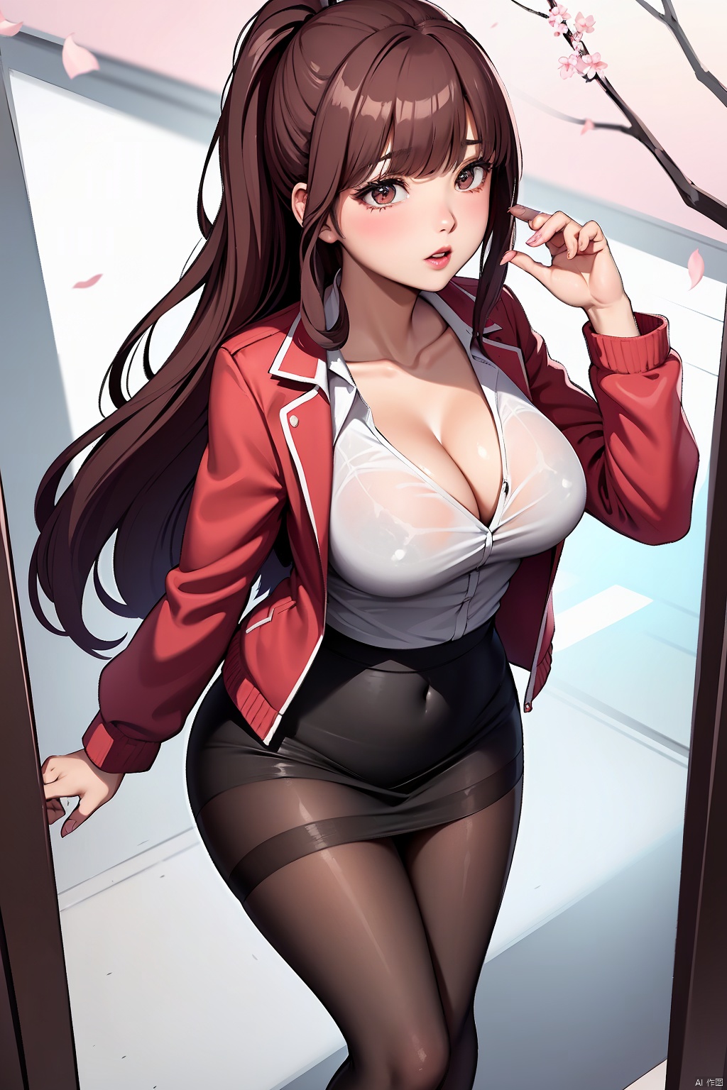 1girl solo long hair breasts looking at viewer bangs skirt large breasts brown hair shirt long sleeves holding cleavage brown eyes underwear standing collarbone jacket full body white shirt ponytail pantyhose parted lips open clothes blunt bangs black skirt bag bra open jacket see-through black pantyhose petals from above cherry blossoms black bra red jacket pencil skirt handbag office lady bra visible through clothes