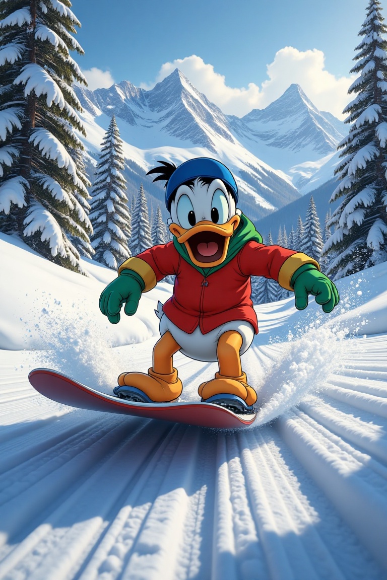 A dynamic,  action-packed scene with Donald Duck,  his beak wide open in a scared expression on Tensor.Art