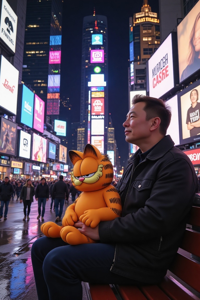 A bustling Times Square at night,  with bright neon signs and billboards illuminating the scene. Garfield,  the orange tab...
