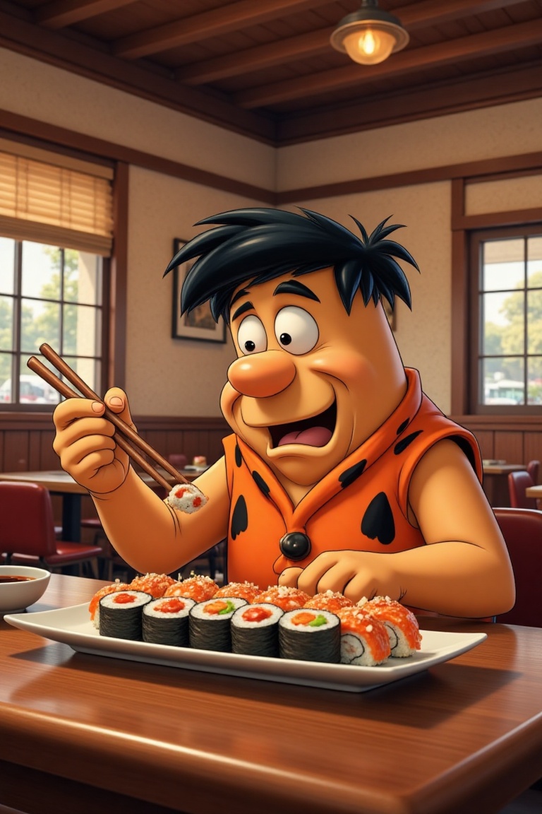 A cozy,  modernized Stone Age interior with warm lighting. Fred Flintstone,  in his iconic animal-skin attire on Tensor.Art