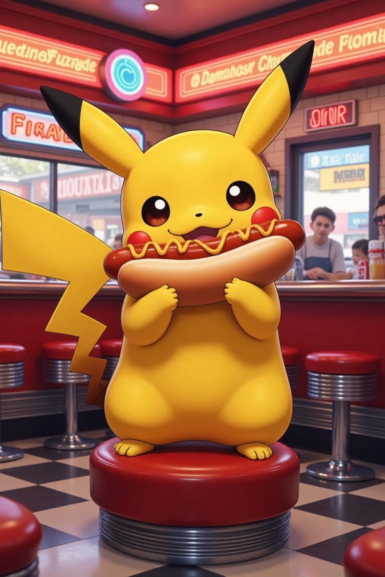 A vibrant,  cozy diner interior with warm lighting. Pikachu,  the iconic yellow Pokémon on Tensor.Art