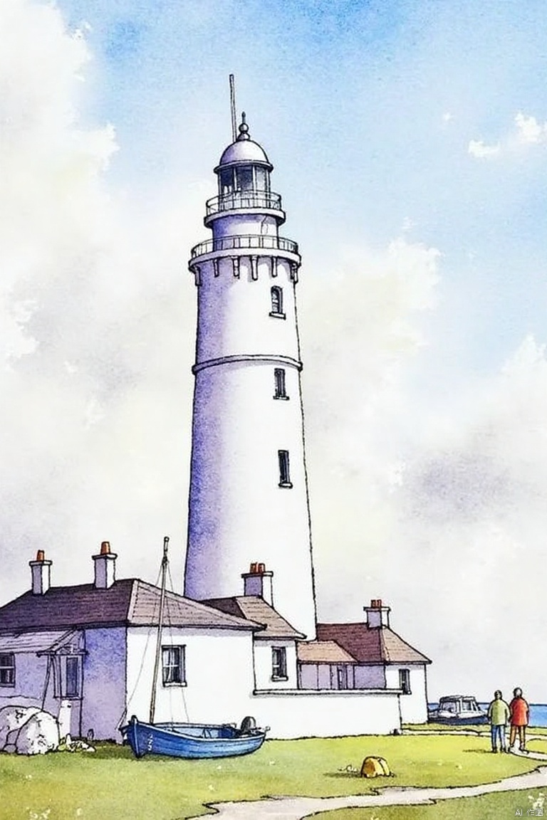 A watercolor painting of a white lighthouse on a cloudy day. The lighthouse is tall and white with a pointed roof. There are two people standing on the right side of the lighthouse. There is a small blue boat on the left side. The boat has a white sail on it and a black pole sticking out of the top of the boat. The building is a white house with a brown roof. The sky is a light blue with a few white clouds.