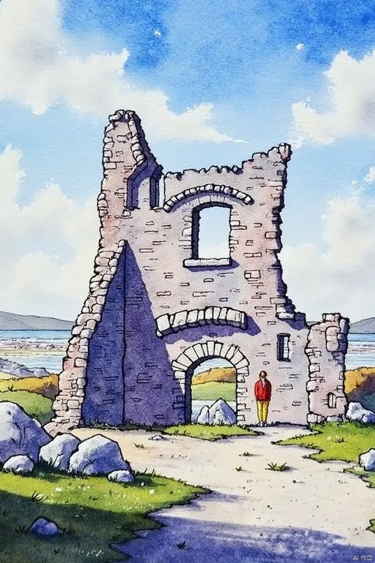 A watercolor painting of an old castle. The castle is made up of gray bricks. There is a woman standing in front of the castle. She is wearing a red jacket and yellow pants. The sky is blue with white fluffy clouds.