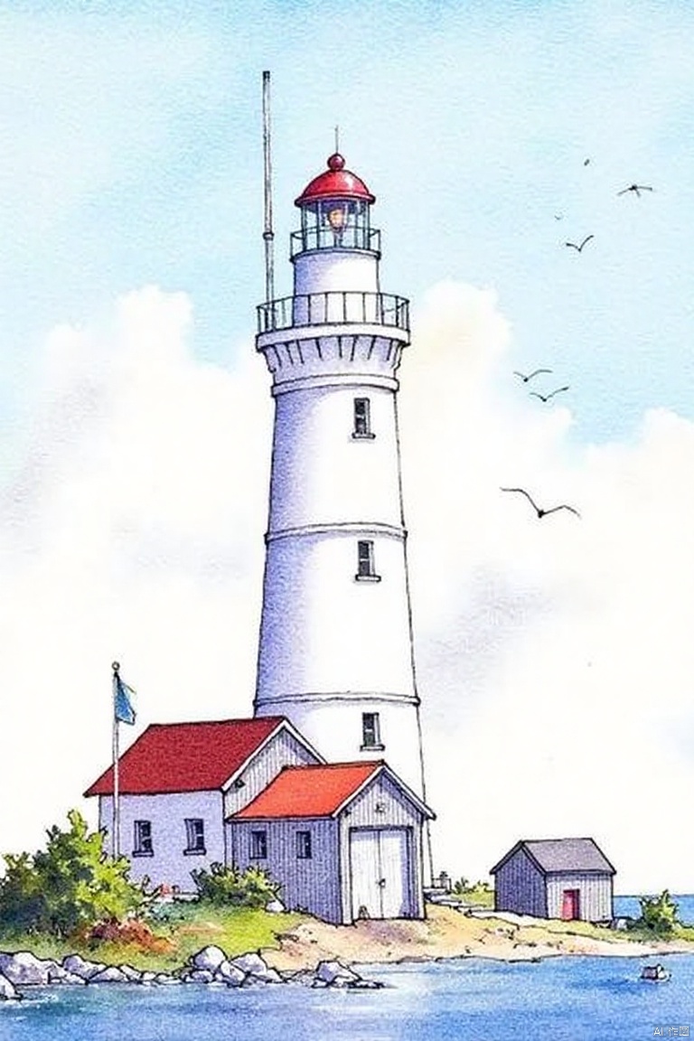 A watercolor painting of a white lighthouse with a red roof. The lighthouse is on a small island in front of a body of water. There is a flag on the left side of the lighthouse. There are birds flying in the sky above the lighthouse and a small house on the right side. The house is made of wood and has a white door on the front of it.