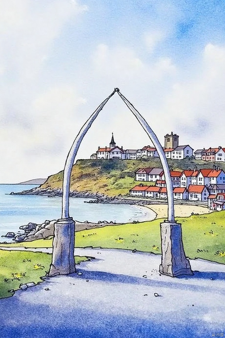 A watercolor painting of two arch shaped structures on a gray asphalt road. The arch structures are made up of two gray cement pillars. There is a row of houses on a hill behind the arch structures. The house on the hill has red roofs and white walls. The sky above the houses is light blue with white clouds. The water is on the left side of the image.