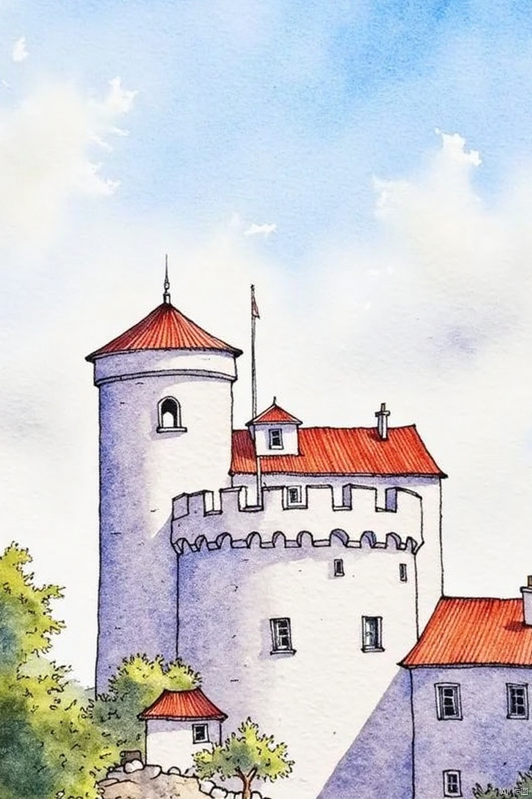 A detailed watercolor painting of a castle. The castle is white with a red roof. There is a pointed tower at the top of the castle. There are small trees at the bottom of the building. The sky above the castle is light blue with white clouds.