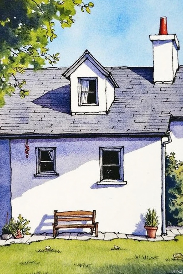 A watercolor painting of a white house with a red chimney on the roof. There is a wooden bench on the ground in front of the house. There are two windows on the house with white trim. There's a tree on the left side of the image. The tree has green leaves on it. The sky above the house is a light blue color.