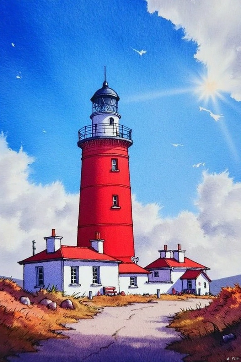 An eye-level painting of a red lighthouse in the middle of the frame. The lighthouse is a vibrant shade of red, with a black trim around the top of the lighthouse. To the right of the light house is a small white house with a red roof. The house is surrounded by dirt and grass. The sky is a deep blue with a few wispy white clouds. The sun is shining through the clouds.