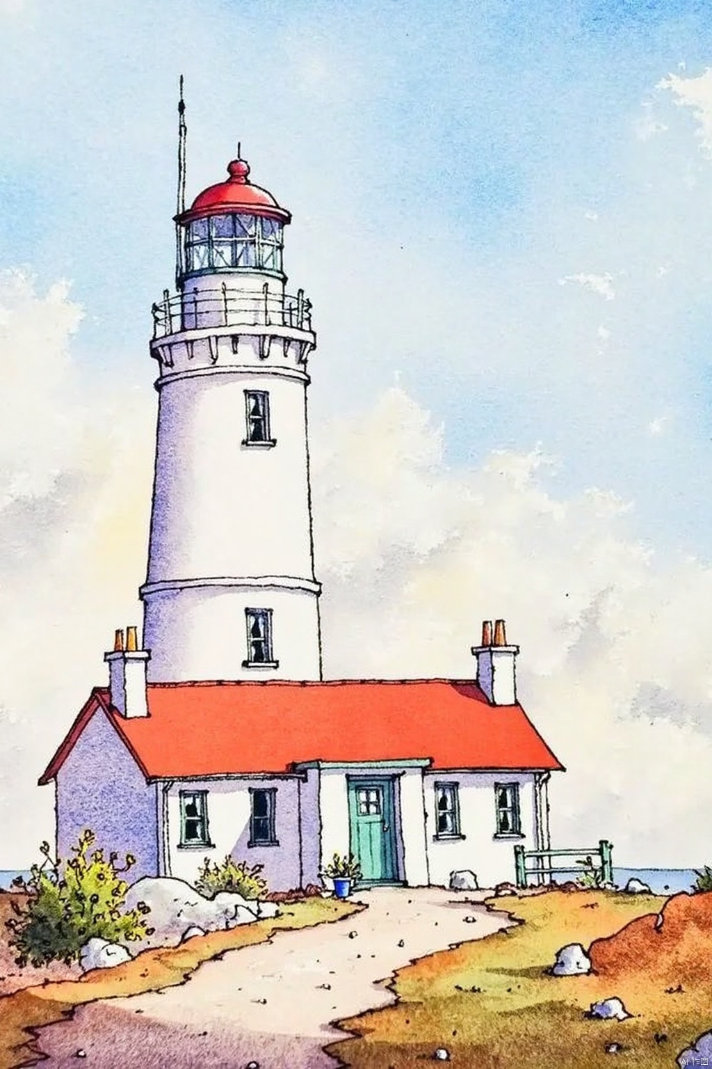watercolor,A watercolor painting of a white lighthouse with a red roof. The lighthouse has a green door and stairs leading up to it. There is a small hill to the right of the lighthouse. The sky above the lighthouse is light blue with white clouds. There are small bushes to the left of the light house.