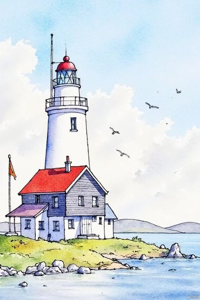 A watercolor painting of a white lighthouse with a red roof. The lighthouse is on a small island in front of a body of water. There is a flag on the left side of the lighthouse. There are birds flying in the sky above the lighthouse and a small house on the right side. The house is made of wood and has a white door on the front of it.