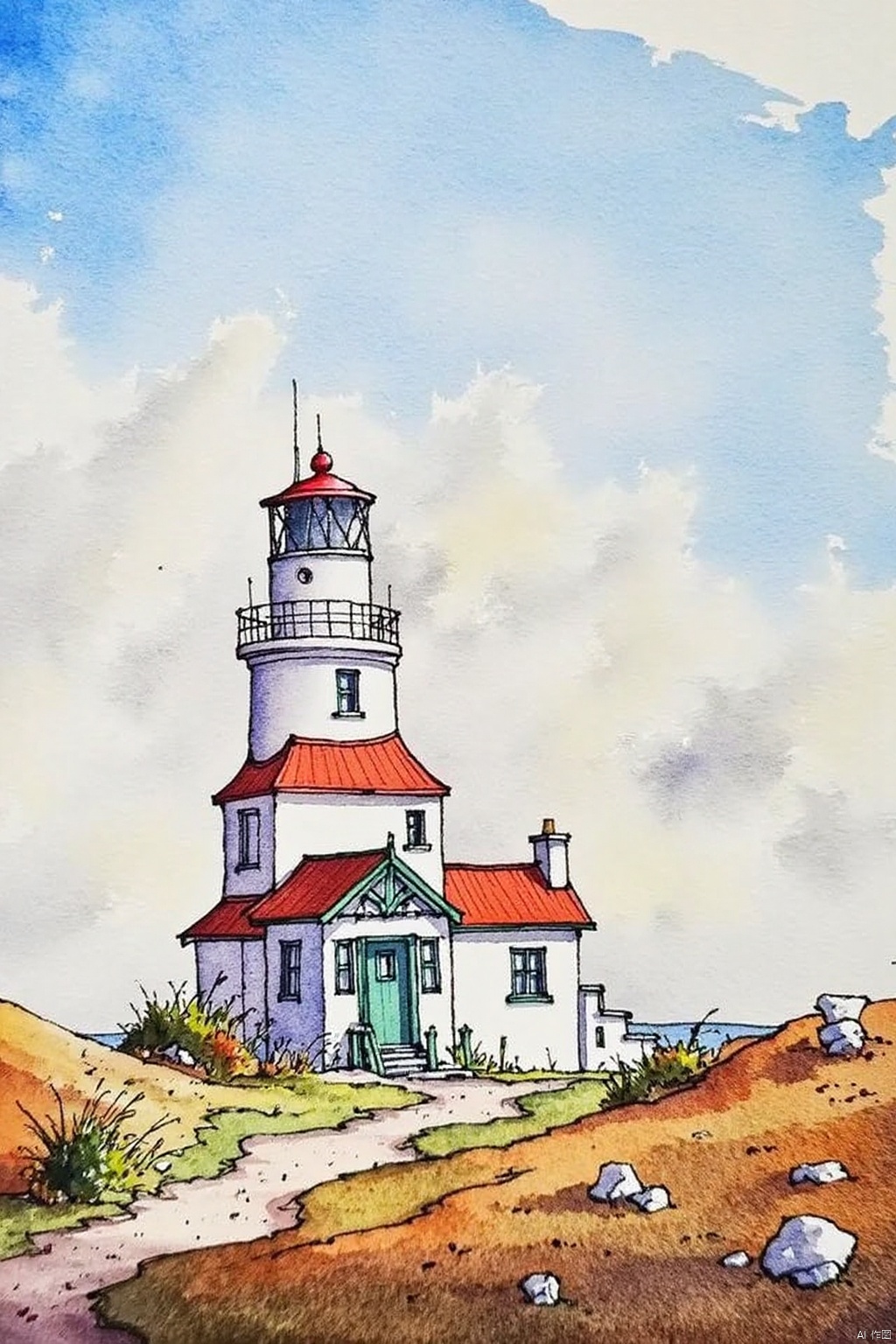 watercolor,A watercolor painting of a white lighthouse with a red roof. The lighthouse has a green door and stairs leading up to it. There is a small hill to the right of the lighthouse. The sky above the lighthouse is light blue with white clouds. There are small bushes to the left of the light house.
