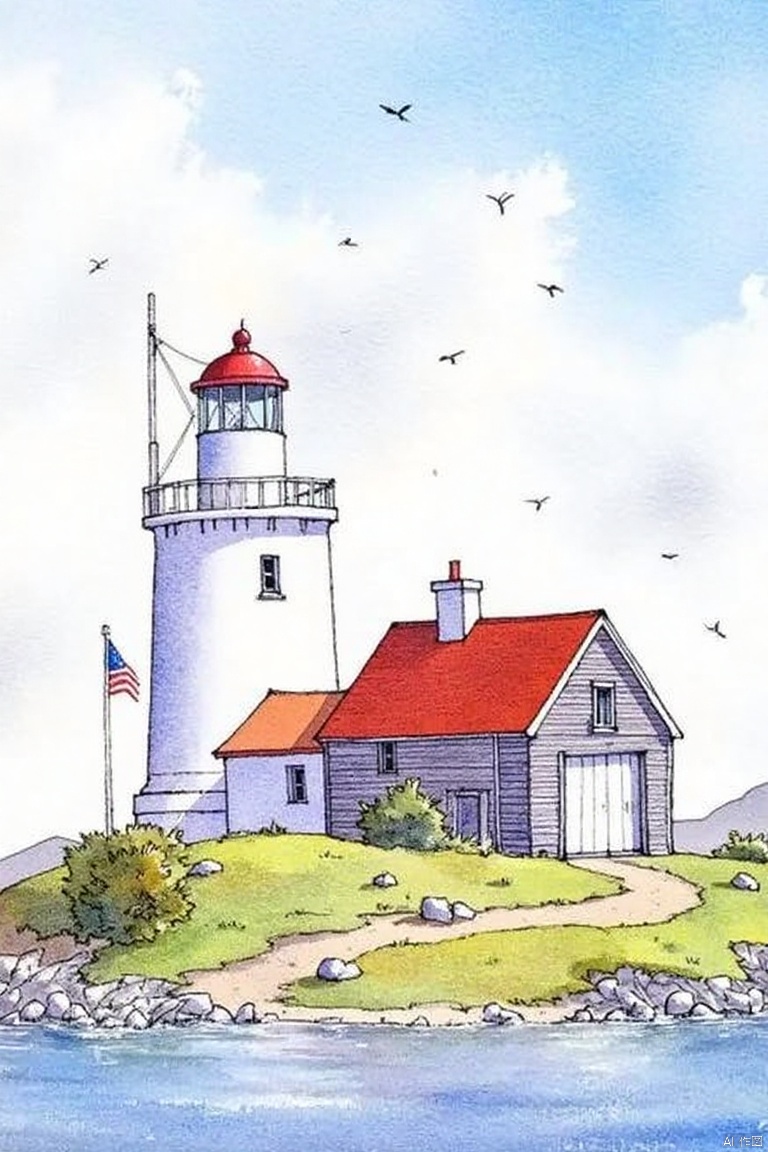 A watercolor painting of a white lighthouse with a red roof. The lighthouse is on a small island in front of a body of water. There is a flag on the left side of the lighthouse. There are birds flying in the sky above the lighthouse and a small house on the right side. The house is made of wood and has a white door on the front of it.