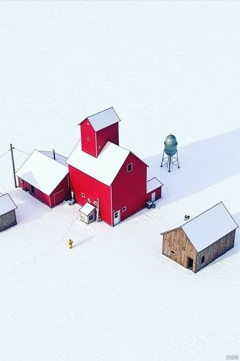 An eye-level view of a red barn and a few small wooden barns nestled in a snowy field. The barns are covered with a white snow-covered roof, and the barns on the right are also covered in white snow. A person is standing in front of the barn, and there is a water tower in the background. A black power line is running across the top of the image.
