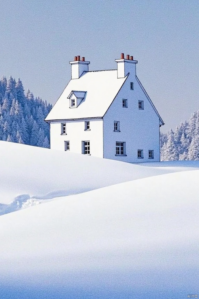 An eye-level view of a white house on a hill covered in snow. The house has two chimneys on the top of it. The roof of the house is covered in white snow. To the left of the white house there is a hill with trees on it. In front of the hill there is another hill covered with snow.