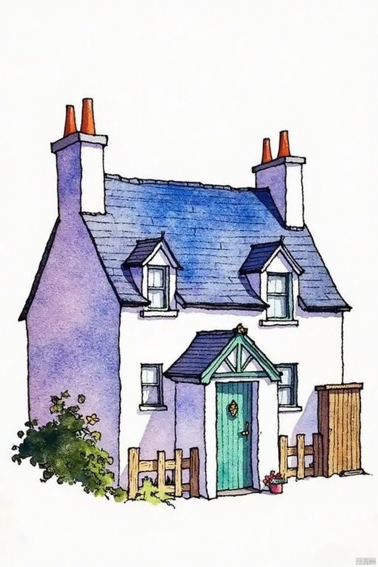 A watercolor painting of a two-story house with a blue roof and a green door. The house is painted in shades of blue, purple, and white. There are two chimneys on the roof of the house. There is a small wooden door on the right side of the blue house. A small wooden fence is in front of the green house.