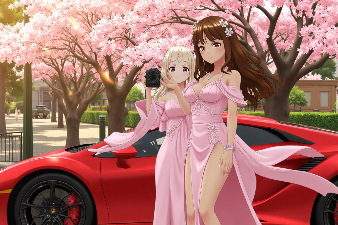 A vibrant anime scene featuring two elegantly dressed women standing near a sleek,  luxurious Lamborghini in a picturesque...