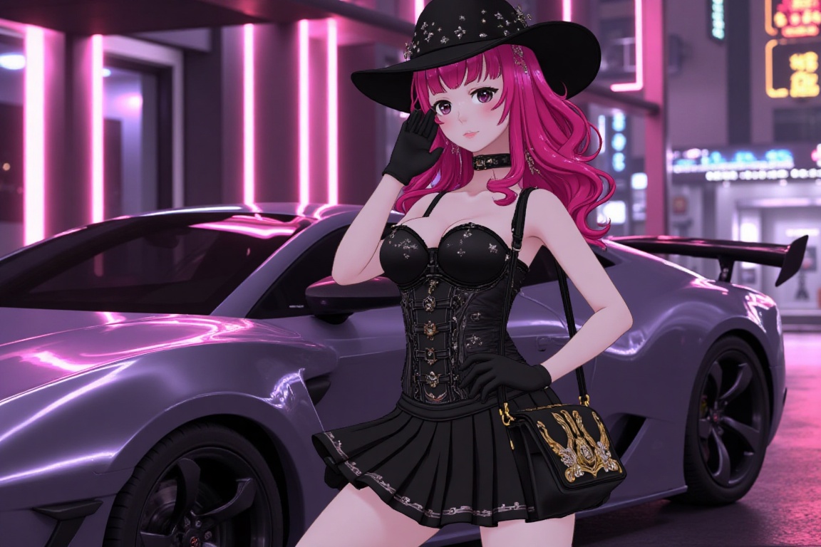 A captivating anime-style illustration of a bold and elegant woman standing confidently beside a sleek Lamborghini. Her vi...