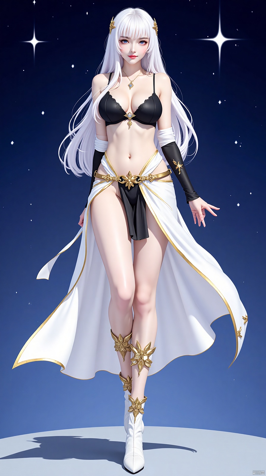 a medium-sized animated female warrior is depicted in a stark contrast of white, blue and gold. Her white hair is cascading over her shoulders, adding a touch of warmth to the scene. She's dressed in a flowing white and gold costume, adorned with a black bra and a gold belt. Her boots are adorned with gold accents, adding depth to the composition. The backdrop is a deep blue, with white stars dotting the sky.