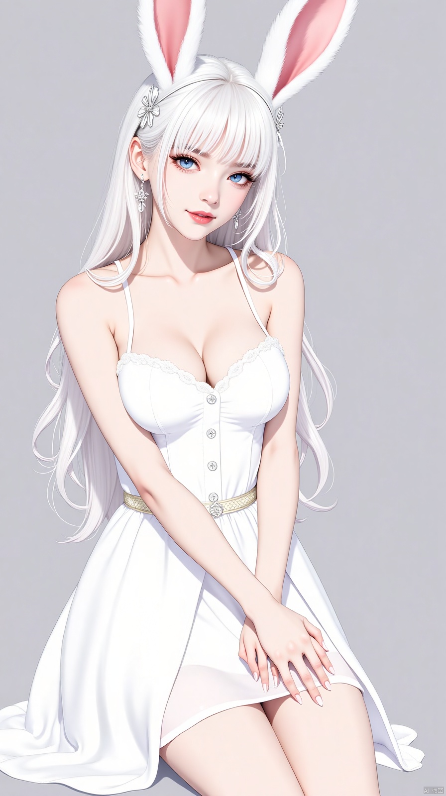 bunny ears, white hair, girl,dress