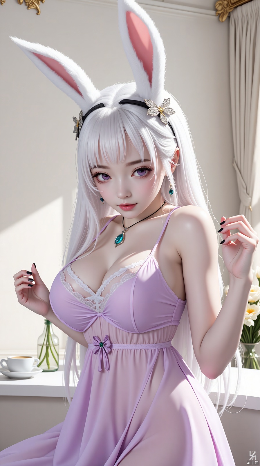bunny ears, white hair, girl,beauty