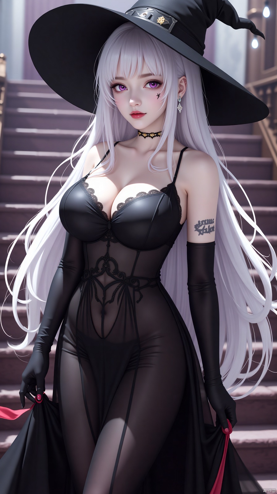 1girl, solo, long hair, breasts, looking at viewer, large breasts, gloves, hat, dress, cleavage, bare shoulders, purple eyes, upper body, white hair, elbow gloves, artist name, blurry, lips, tattoo, makeup, witch hat, blurry background, glowing, facial mark, stairs, witch, facial tattoo