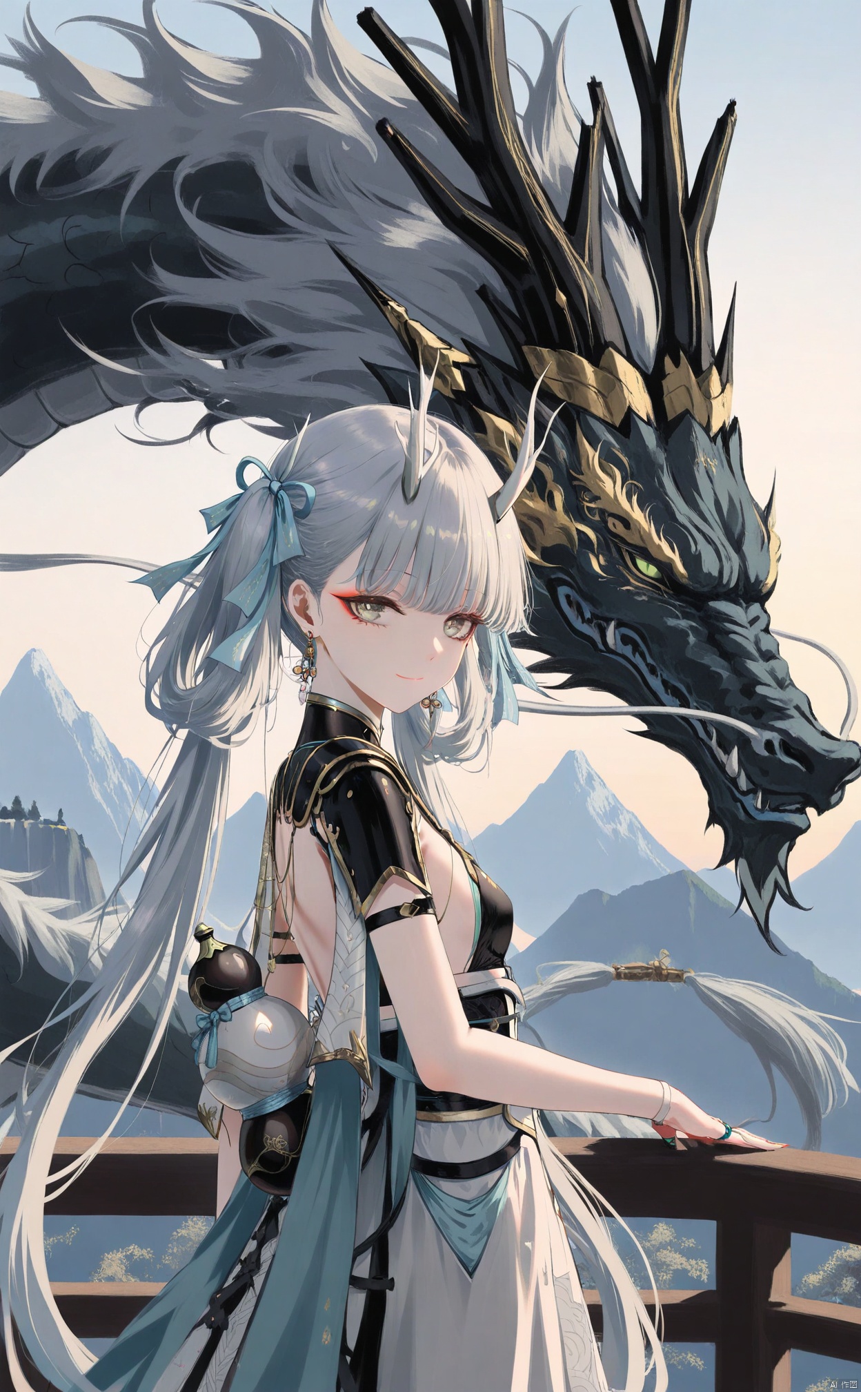 masterpiece,best quality,high quality,loli,[Artist:wlop],[[Artist:sheya]],Artist:hiten_(hitenkei),Artist kisaragi yaya,jinhsi \(wuthering waves\), 1girl, jewelry, grey hair, dragon, twintails, earrings, looking at viewer, ring, long hair, smile, hair ribbon, armor, ribbon, shoulder armor, blue ribbon, gourd, closed mouth, multiple rings, solo, dress, eastern dragon, mountain, backless outfit, outdoors, hair ornament, very long hair, orb, from side, grey eyes, single pauldron, horns, green eyes