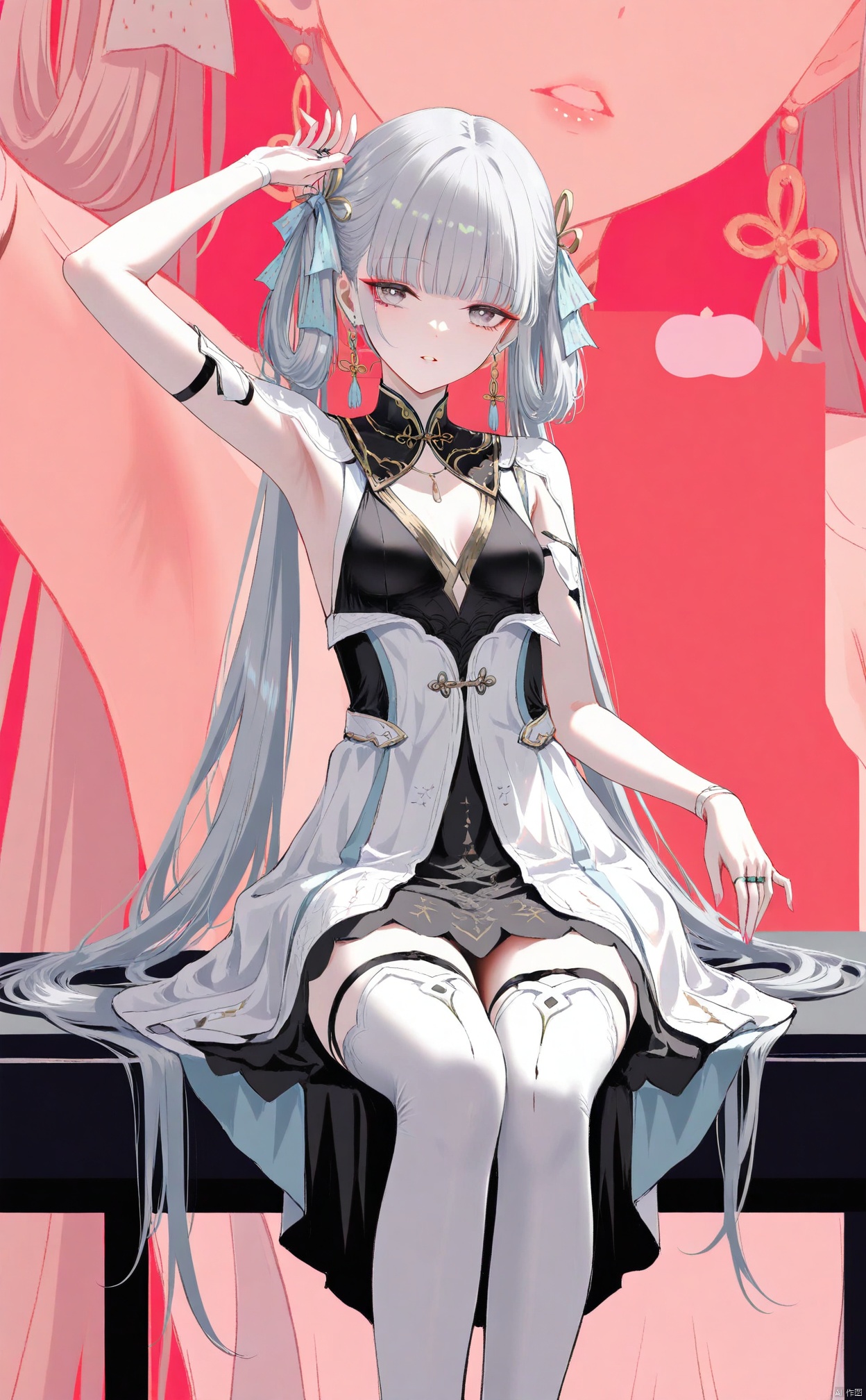 masterpiece,best quality,high quality,loli,[Artist:wlop],[[Artist:sheya]],Artist:hiten_(hitenkei),Artist kisaragi yaya,,loli,jinhsi \(wuthering waves\), 1girl, long hair, solo, grey hair, breasts, thighhighs, twintails, white thighhighs, arm up, looking at viewer, dress, armpits, hair rings, official alternate costume, parted lips, ring, jewelry, very long hair, medium breasts, hair ornament, zoom layer, sitting, pink nails, grey eyes, hair ribbon, nail polish, black dress, sidelocks, white dress, braided hair rings, blunt bangs
