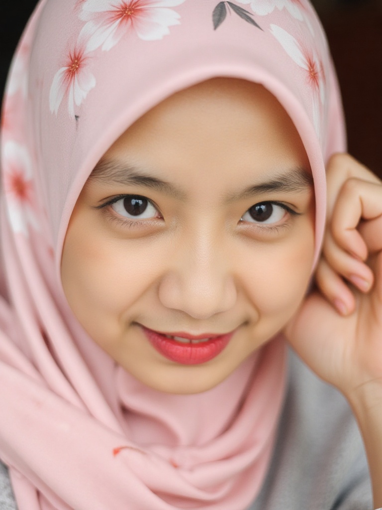 A tender close-up shot of an Indonesian woman radiates warmth and elegance. Her beautiful face is adorned with a stunning...