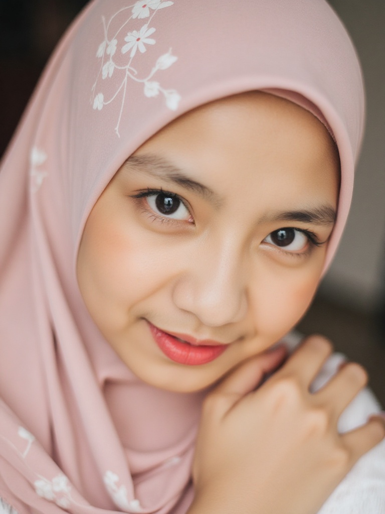 A tender close-up shot of an Indonesian woman radiates warmth and elegance. Her beautiful face is adorned with a stunning...