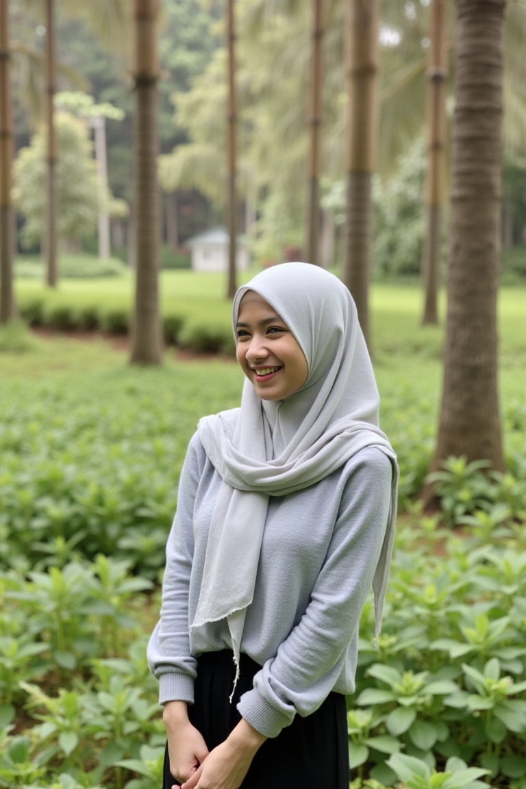 A beautiful Indonesian woman named Nashwa wearing a hijab,  smiling warmly,  standing in the wilderness with lush greenery...