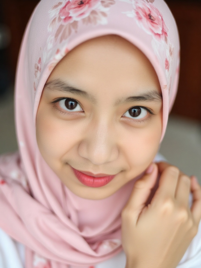 A tender close-up shot of an Indonesian woman radiates warmth and elegance. Her beautiful face is adorned with a stunning...