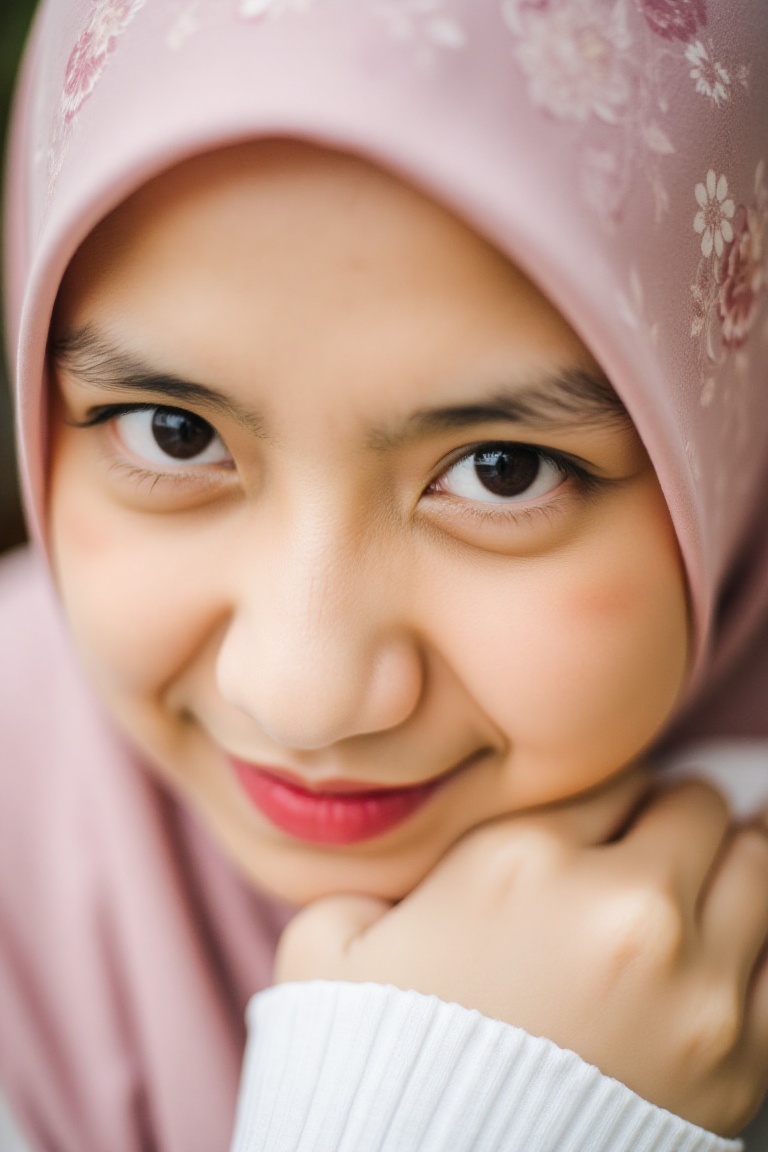 A tender close-up shot of an Indonesian woman radiates warmth and elegance. Her beautiful face is adorned with a stunning...