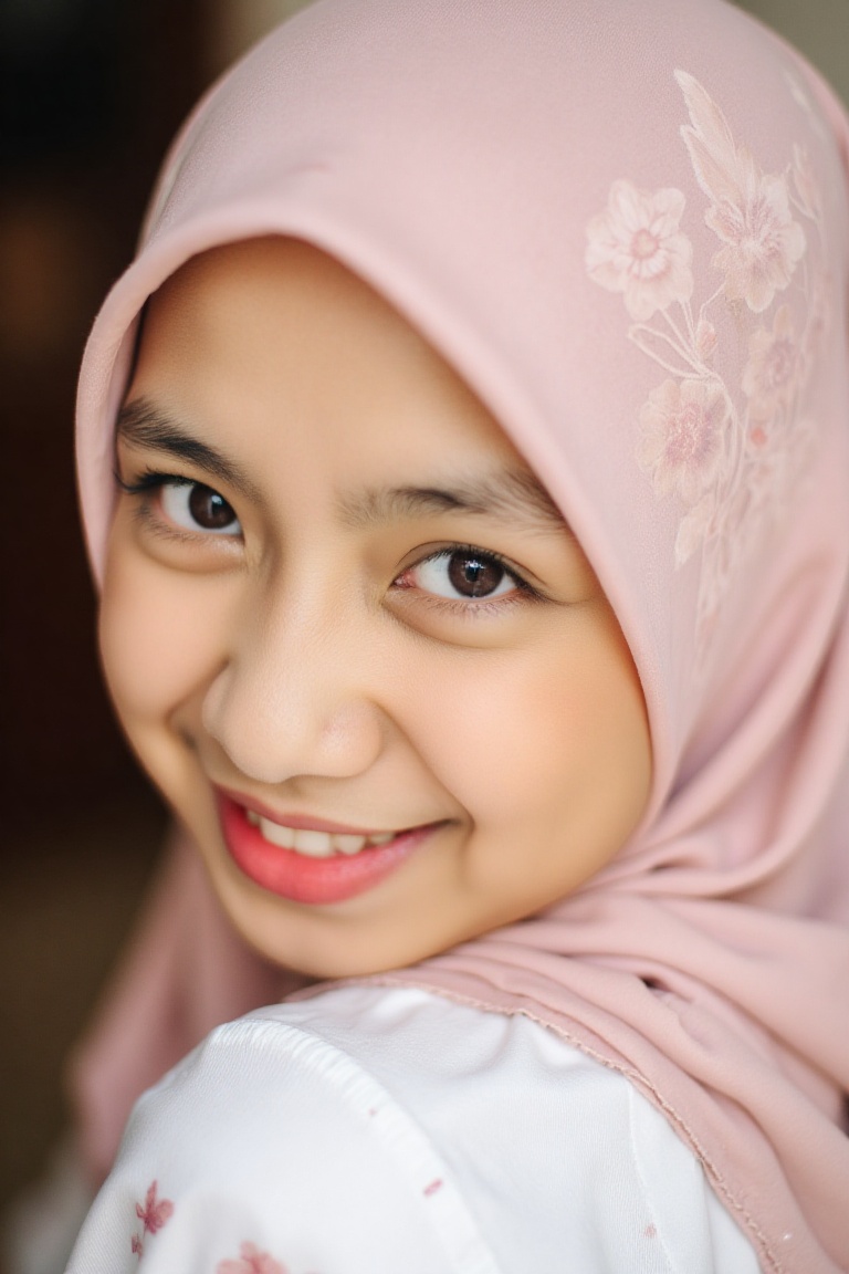 A tender close-up shot of an Indonesian woman radiates warmth and elegance. Her beautiful face is adorned with a stunning...