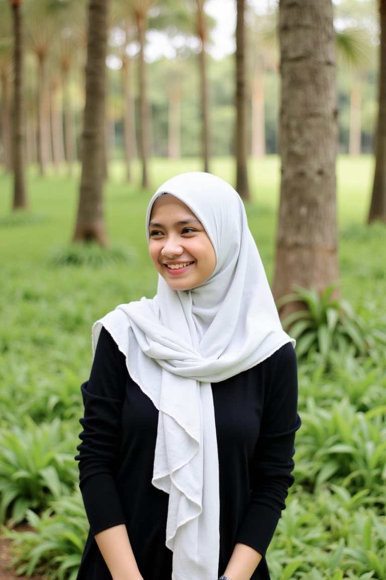 A beautiful Indonesian woman named Nashwa wearing a hijab,  smiling warmly,  standing in the wilderness with lush greenery...