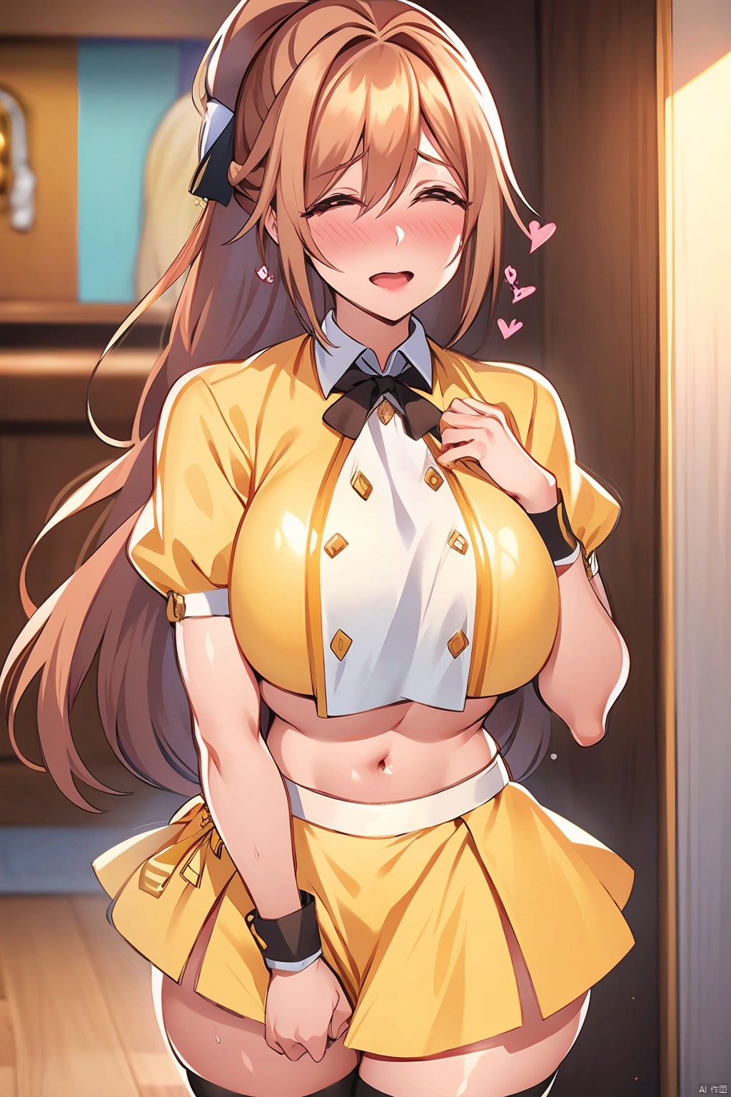 1girl long hair breasts looking at viewer blush smile open mouth bangs skirt large breasts brown hair shirt thighhighs ribbon navel hair between eyes brown eyes standing white shirt ponytail short sleeves :d heart sidelocks cowboy shot sweat solo focus midriff puffy sleeves shiny collared shirt indoors hand up miniskirt stomach shiny hair puffy short sleeves crop top shiny skin wrist cuffs black ribbon skindentation nose blush embarrassed thigh gap half-closed eyes trembling yellow shirt yellow skirt