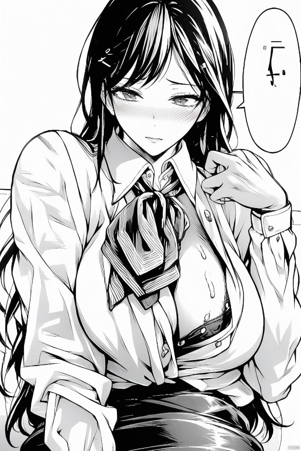 1girl
solo
long hair
breasts
blush
skirt
large breasts
shirt
cleavage
sitting
underwear
monochrome
greyscale
sweat
open clothes
bra
looking to the side
open shirt
embarrassed
chair
looking away
office lady