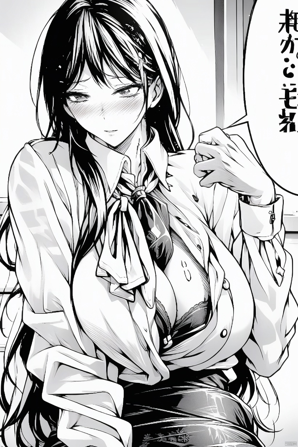 1girl
solo
long hair
breasts
blush
skirt
large breasts
shirt
cleavage
sitting
underwear
monochrome
greyscale
sweat
open clothes
bra
looking to the side
open shirt
embarrassed
chair
looking away
office lady