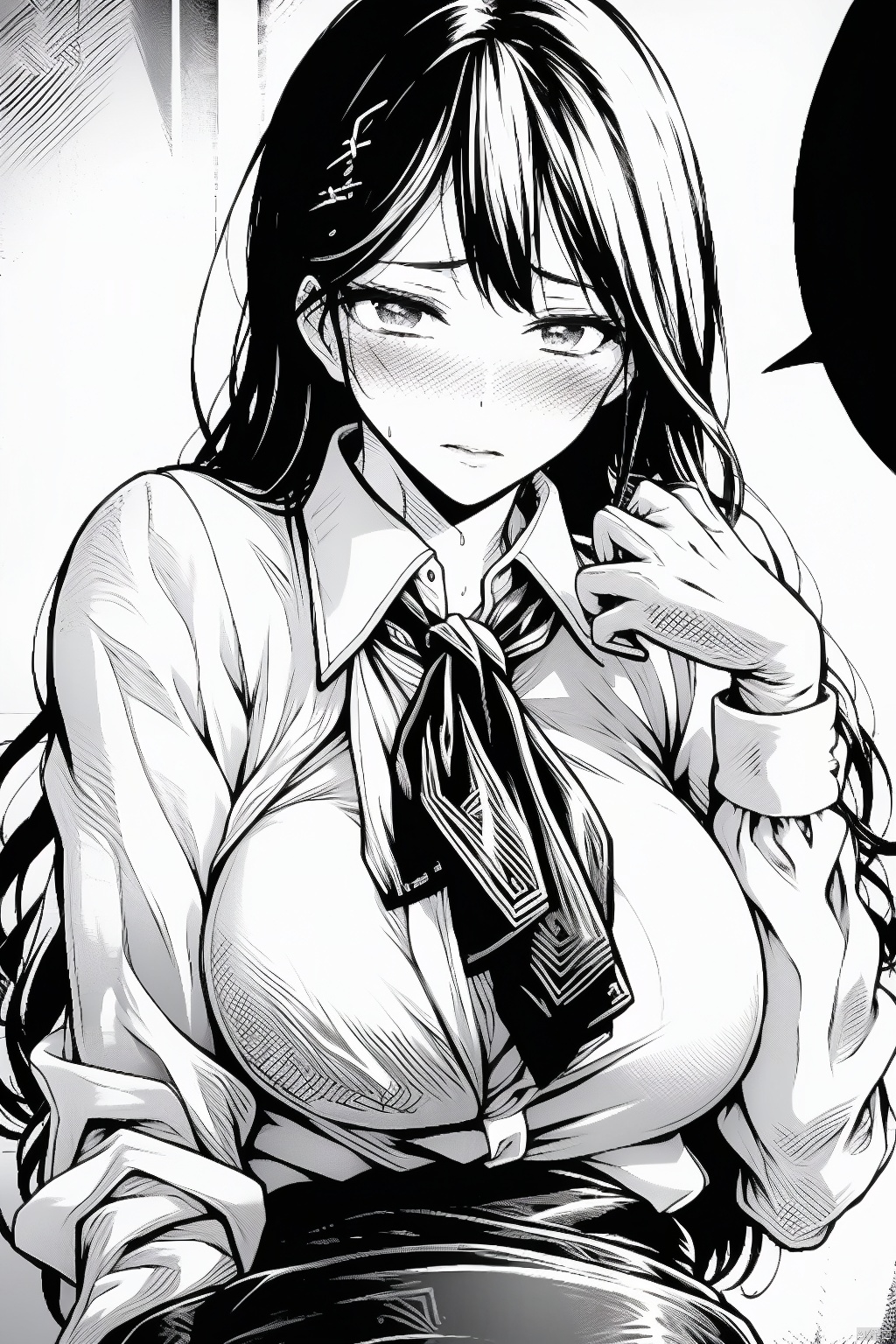 1girl
solo
long hair
breasts
blush
skirt
large breasts
shirt
cleavage
sitting
underwear
monochrome
greyscale
sweat
open clothes
bra
looking to the side
open shirt
embarrassed
chair
looking away
office lady