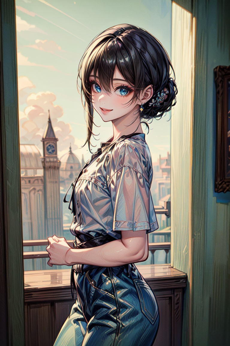 A masterpiece of a teenage girl with a pretty face and striking blue eyes,  her disheveled long black hair flowing dynamic...