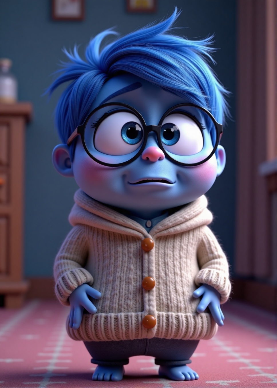 a Pixar-inspired art style,  Sadness inspired from (Inside Out) movie. Sadness with blue hair,  blue skin on Tensor.Art