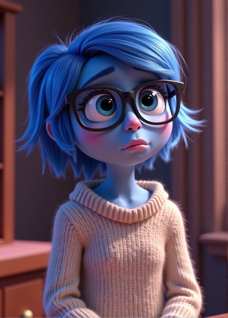 a Pixar-inspired art style,  Sadness inspired from (Inside Out) movie. Sadness with blue hair,  blue skin on Tensor.Art