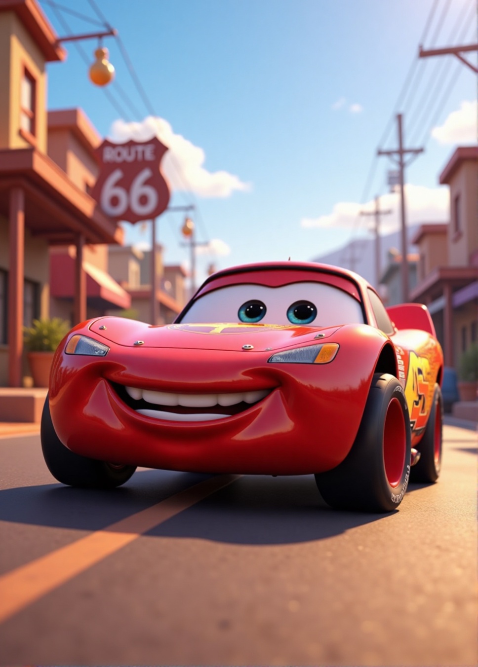 Render Lightning McQueen,  the spirited anthropomorphic stock car,  in a warm on Tensor.Art