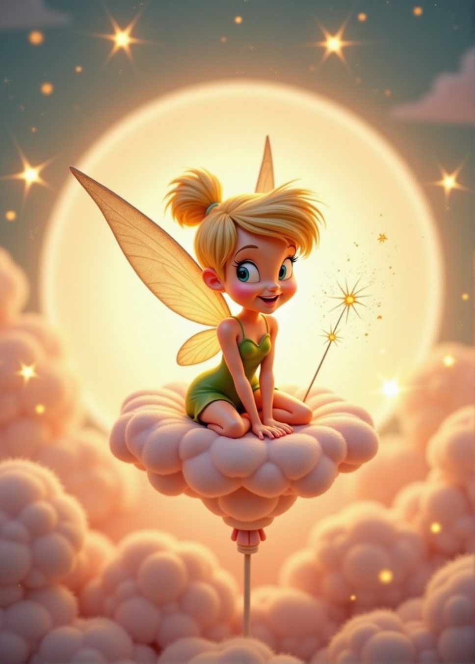 A whimsical illustration of Tinker Bell perched on a petal-shaped cloud,  surrounded by delicate sparkles and shimmering f...