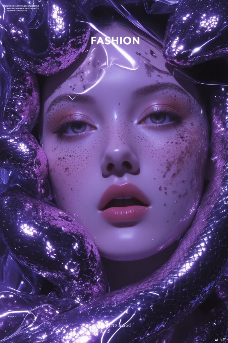 A close-up shot of a woman's face, encased within a plastic film-like wrapping, bathed in a rich purple hue with scattered white dots. The ring of purple lights framing her head adds a splash of color to the otherwise monochromatic background. A serpent coiled around her features, creating a striking visual tension. At the top, bold white font reads FASHION amidst the plastic film's grid pattern, as if trapped within its confines.
