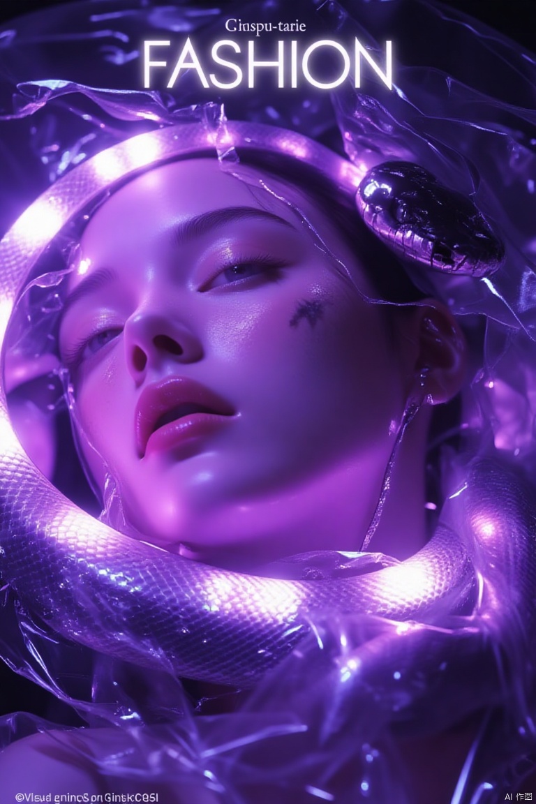 A dynamic composition: an eye-level shot of a woman's face encased in a ring of vibrant purple lights, amidst a monochromatic plastic wrap world. Her facial features stand out against the bright purple hue and white dots. A snake coils nearby, creating striking contrast with the surrounding environment. The bold font FASHION dominates the top, set against a sea of translucent plastic film.